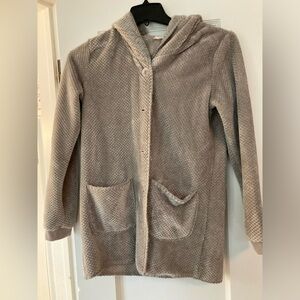 Soft Surroundings Gray Brown Button Up Robe Coat - Fuzzy, Ladies Small w/ Hood
